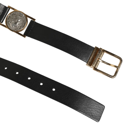 Dolce & Gabbana Black Leather Gold Silver Coin Buckle Belt
