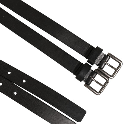 Dolce & Gabbana Black Double Strap Leather Silver Buckle Belt