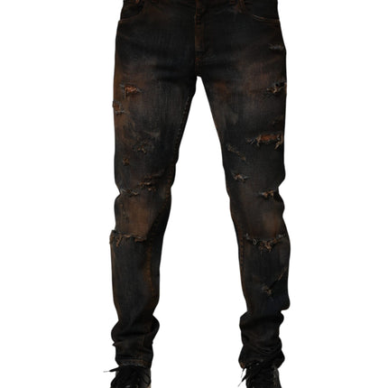 Dolce & Gabbana Black Cotton Skinny Tattered Men Denim Jeans
