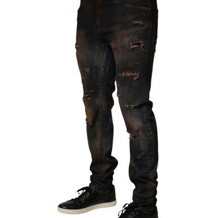 Dolce & Gabbana Black Cotton Skinny Tattered Men Denim Jeans