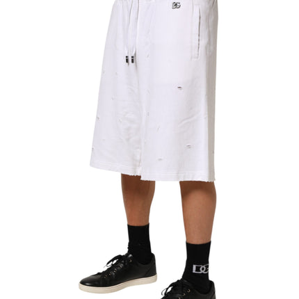 Dolce & Gabbana White Cotton Ripped Bermuda Sweatpants Shorts