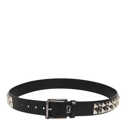 Dolce & Gabbana Black Calf Leather Studded Silver Buckle Belt