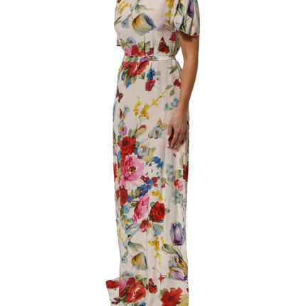Dolce & Gabbana White Floral Print Silk Sheath LongGown Dress