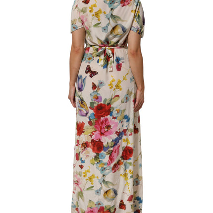 Dolce & Gabbana White Floral Print Silk Sheath LongGown Dress