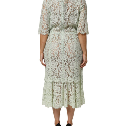 Dolce & Gabbana Mint Green Floral Lace Trim Midi Dress