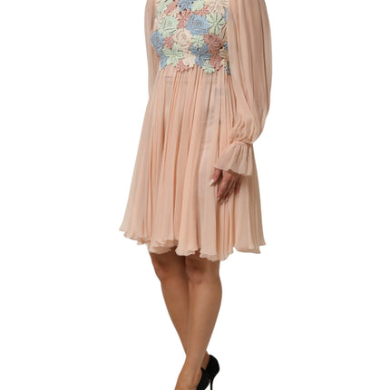 Dolce & Gabbana Pink Floral Embroidery Pleated A-line Dress