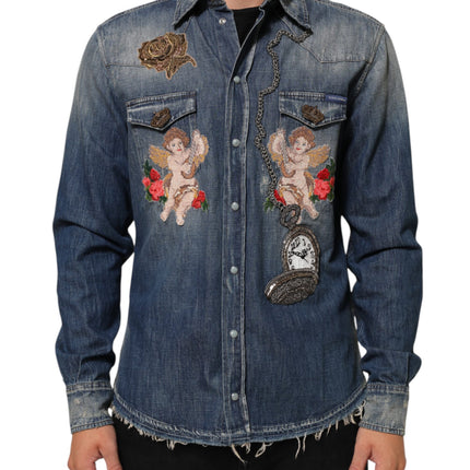 Dolce & Gabbana Blue Angel Patch Denim Buttoned Down Men Shirt