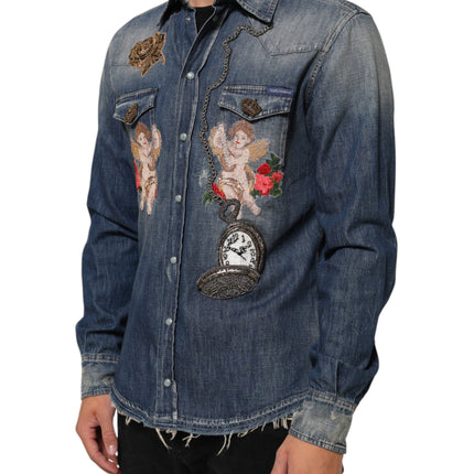 Dolce & Gabbana Blue Angel Patch Denim Buttoned Down Men Shirt