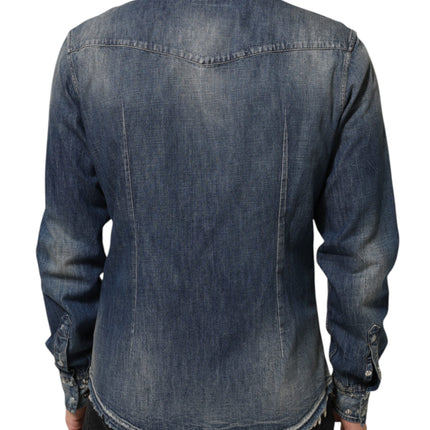 Dolce & Gabbana Blue Angel Patch Denim Buttoned Down Men Shirt