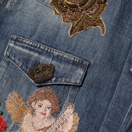 Dolce & Gabbana Blue Angel Patch Denim Buttoned Down Men Shirt