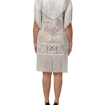Dolce & Gabbana White Floral Lace Fringe Knee Length Dress