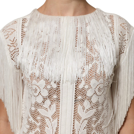 Dolce & Gabbana White Floral Lace Fringe Knee Length Dress