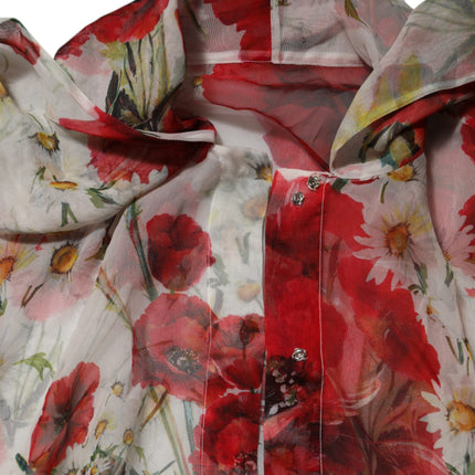 Dolce & Gabbana White Floral Tie-Neck Poppy Print Blouse Top