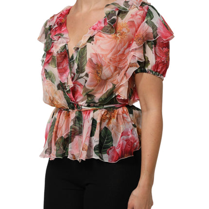 Dolce & Gabbana Pink Camellias Printed Silk V-neck Blouse Top