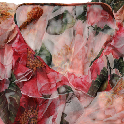 Dolce & Gabbana Pink Camellias Printed Silk V-neck Blouse Top