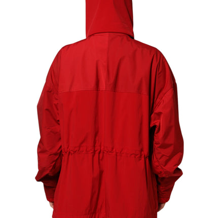 Dolce & Gabbana Red Nylon Hooded Men Full Zip Parka Jacket