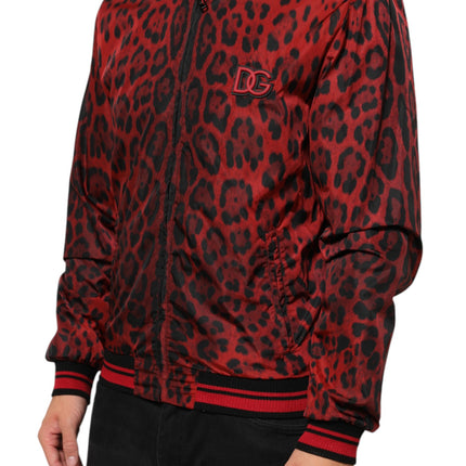 Dolce & Gabbana Red Leopard Print Full Zip Bomber Men Jacket