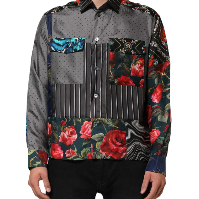 Dolce & Gabbana Multicolor Patchwork Long Sleeves Silk Shirt