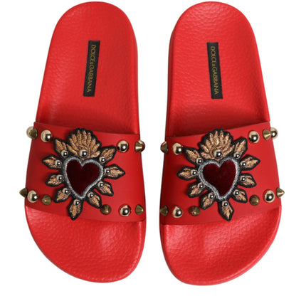 Dolce & Gabbana Red Sacred Heart Stud Slides Beachwear Shoes
