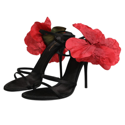 Dolce & Gabbana Black Leather Strappy Flower Heels Sandals  Shoes
