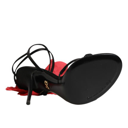 Dolce & Gabbana Black Leather Strappy Flower Heels Sandals  Shoes