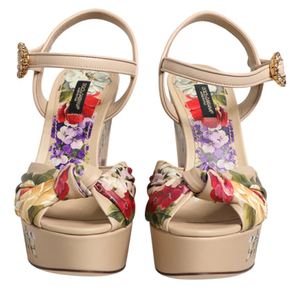 Dolce & Gabbana Beige Floral Ankle Strap Wedge Sandals Shoes