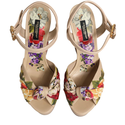 Dolce & Gabbana Beige Floral Ankle Strap Wedge Sandals Shoes