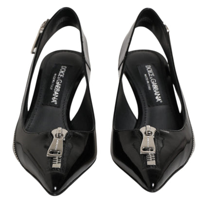 Dolce & Gabbana Black Zipper Leather Heels Slingbacks Shoes