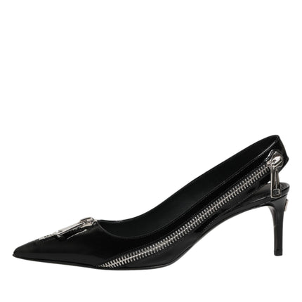 Dolce & Gabbana Black Zipper Leather Heels Slingbacks Shoes