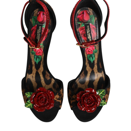 Dolce & Gabbana Brown Leopard Crystal Roses Sandals Shoes