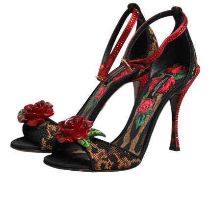 Dolce & Gabbana Brown Leopard Crystal Roses Sandals Shoes