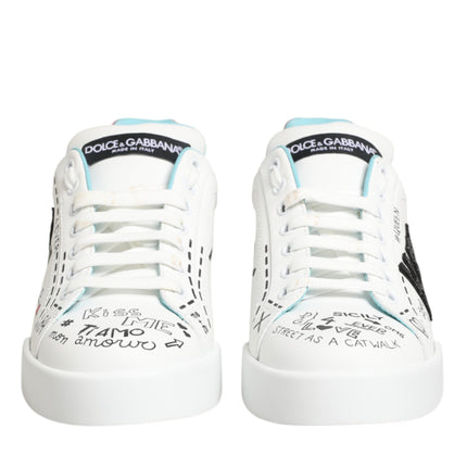 Dolce & Gabbana White Leather Graffiti Low Top Sneakers Shoes