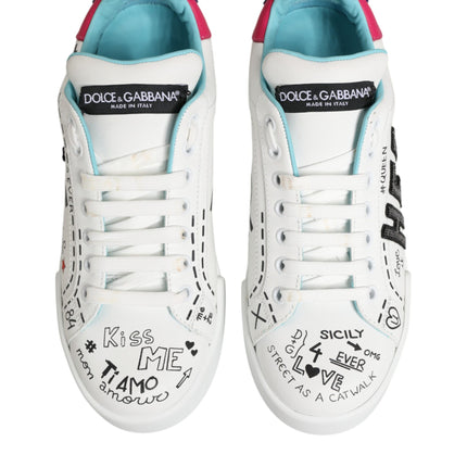 Dolce & Gabbana White Leather Graffiti Low Top Sneakers Shoes