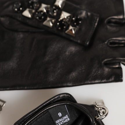 Dolce & Gabbana Black Leather Studded Fingerless Hand Mitten Men Gloves