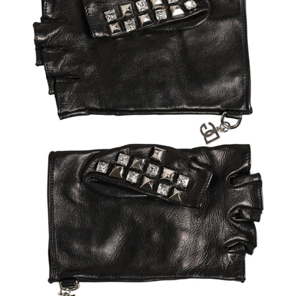 Dolce & Gabbana Black Leather Studded Fingerless Hand Mitten Men Gloves