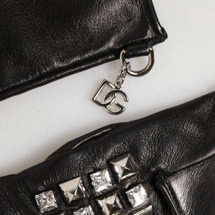 Dolce & Gabbana Black Leather Studded Fingerless Hand Mitten Men Gloves