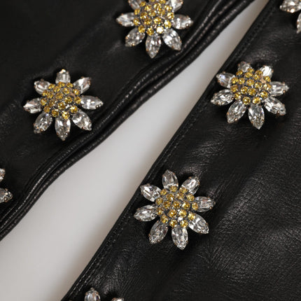 Dolce & Gabbana Black Leather Embellished Long Mitten Gloves