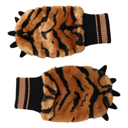 Dolce & Gabbana Brown Tiger Knitted Fur Wrist Mitten One Size Gloves