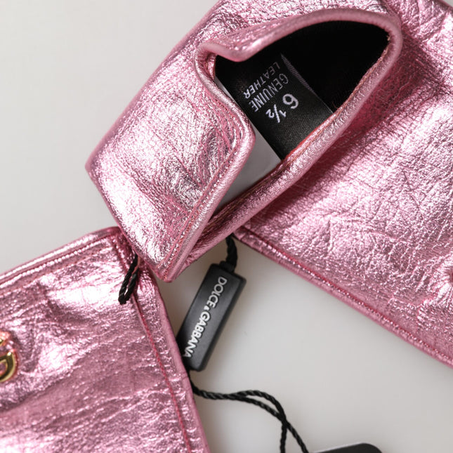 Dolce & Gabbana Pink Leather DG Logo Wrist Length Mitten Gloves
