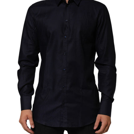 Dolce & Gabbana Blue Cotton Collared Long Sleeve GOLD Men Dress Shirt