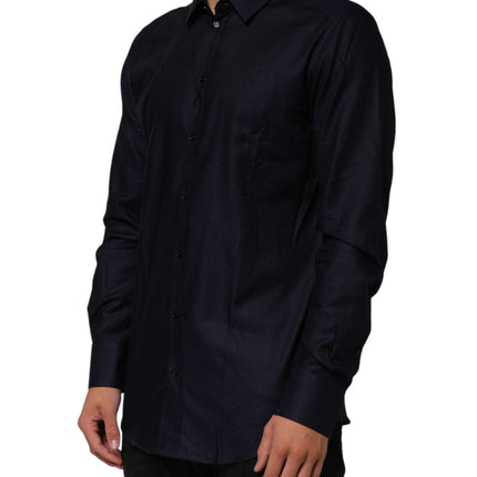 Dolce & Gabbana Blue Cotton Collared Long Sleeve GOLD Men Dress Shirt