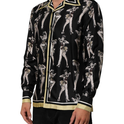 Dolce & Gabbana Black Silk Pin Up Printed Button Down Shirt