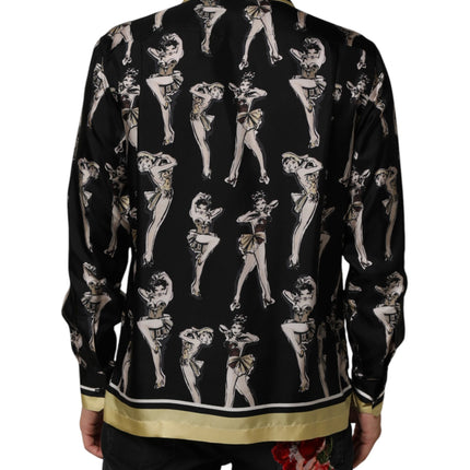Dolce & Gabbana Black Silk Pin Up Printed Button Down Shirt