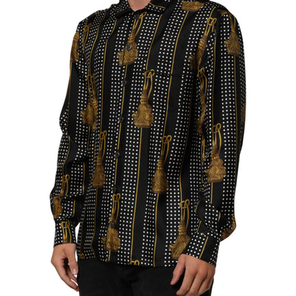 Dolce & Gabbana Black Dotted Tassel Silk Button Down Shirt
