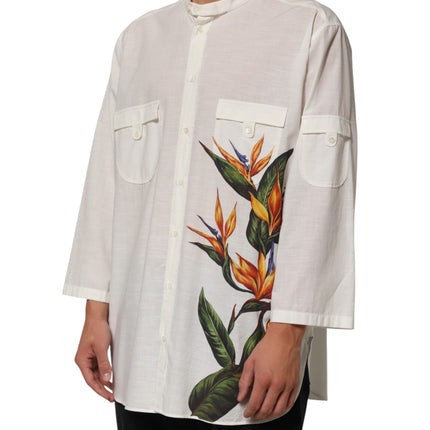 Dolce & Gabbana White Cotton Floral Print Button Down Shirt