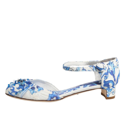 Dolce & Gabbana White Blue Floral Crystal Ankle Straps Shoes