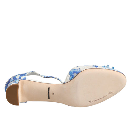 Dolce & Gabbana White Blue Floral Crystal Ankle Straps Shoes