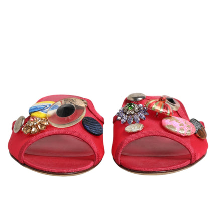 Dolce & Gabbana Red Embellished Flats Slip On Sandals Shoes