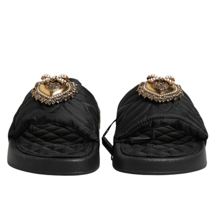 Dolce & Gabbana Black Devotion Matelassé Leather Slides Shoes