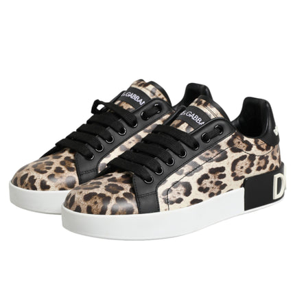 Dolce & Gabbana Brown Leather Leopard Low Top Sneakers Shoes